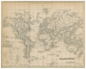 Planisfério de 1856. Cartografia de Malte-Brun.